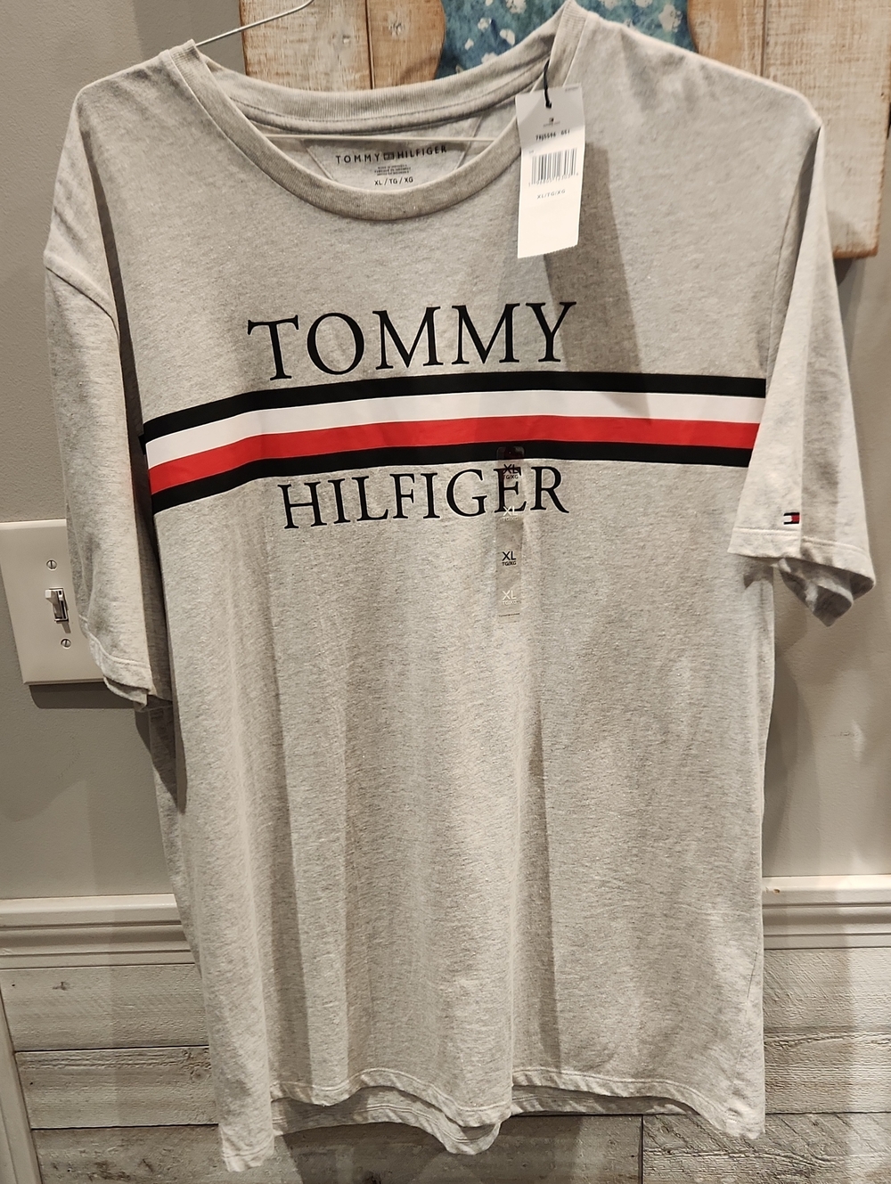 Tommy Hilfiger Light Gray Tee with Red, White & Black Chest Stripes Sz XL